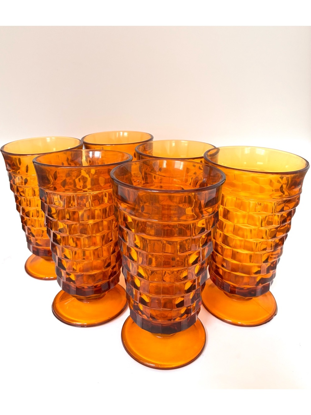 Vintage 60’s Indiana Glass Whitehall Amber Honeycomb Pattern Ice Tea Glasses (6)